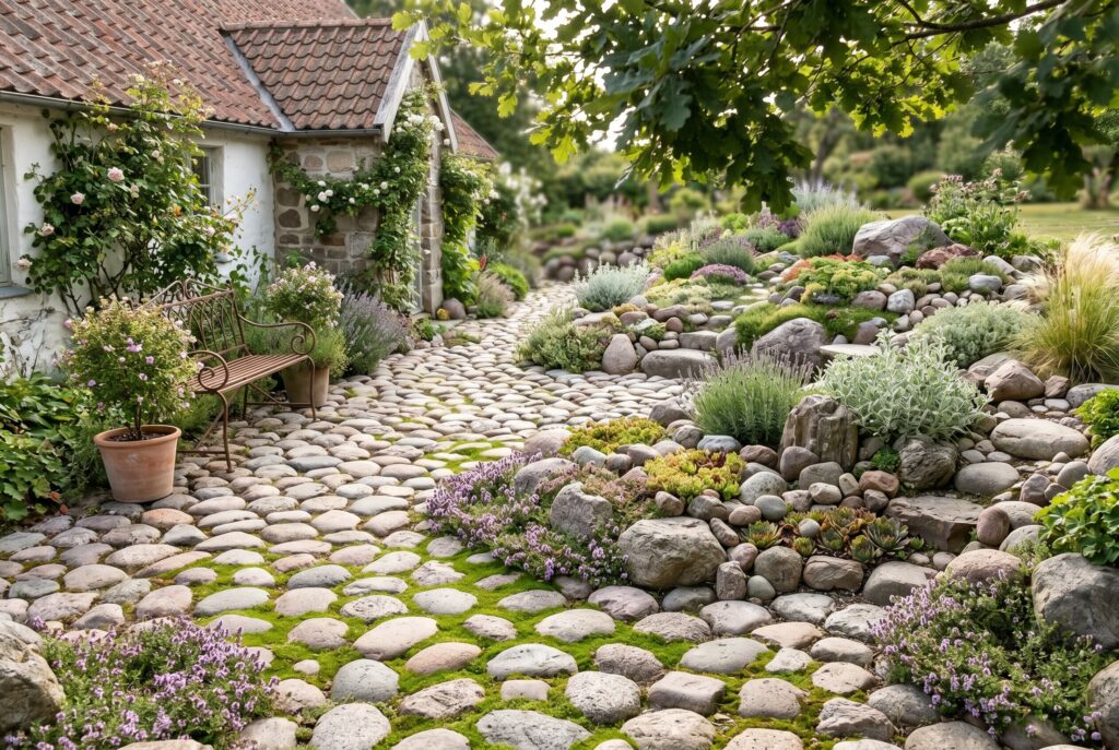 Smooth cobblestone patio with moss between stones and cottage garden landscaping.