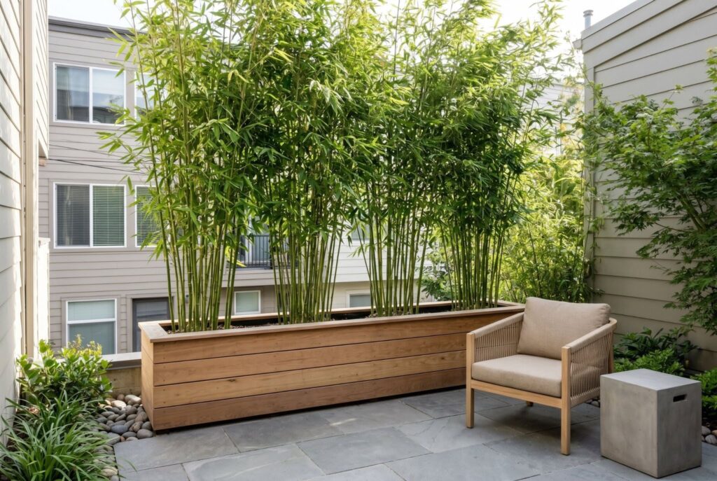 Tall bamboo planter box forming natural privacy screen on modern patio. 