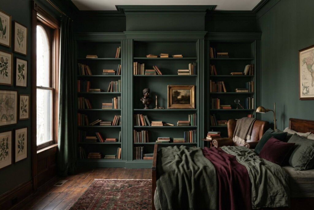 Floor to ceiling library wall with dark green shelving and curated book collection. 