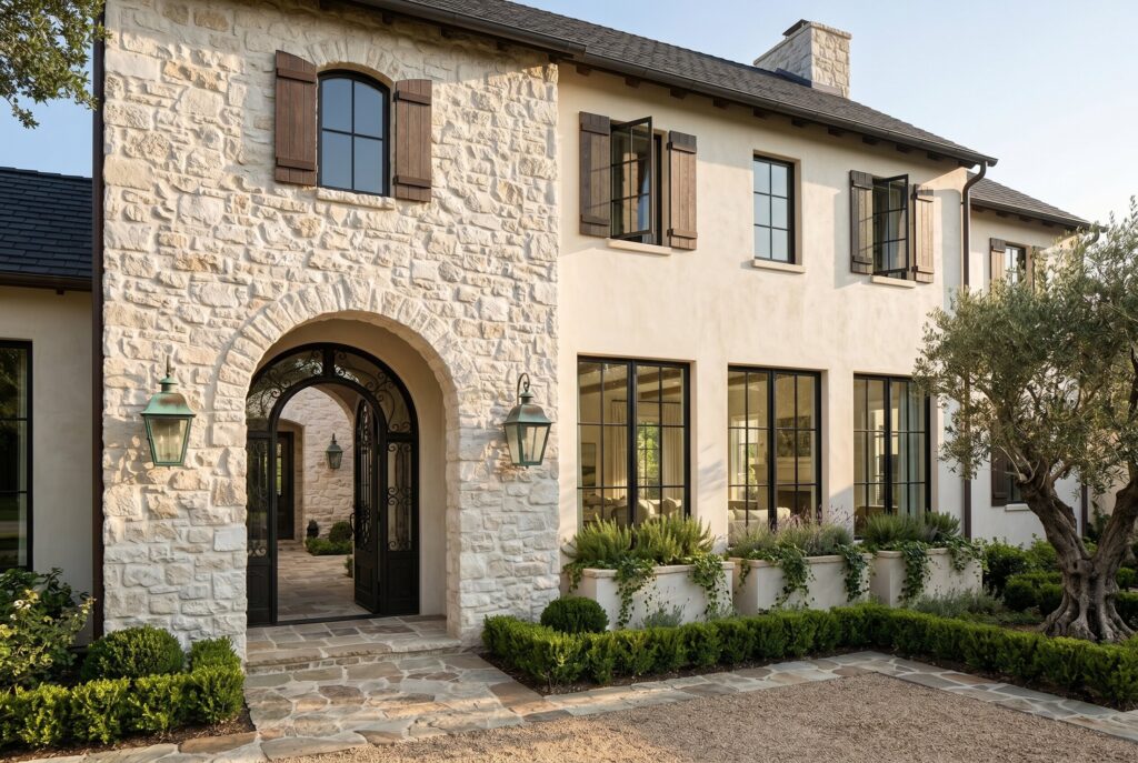 Limewashed stone facade, tall arched wooden door, shuttered window, and red-yellow potted flowers on the wall.