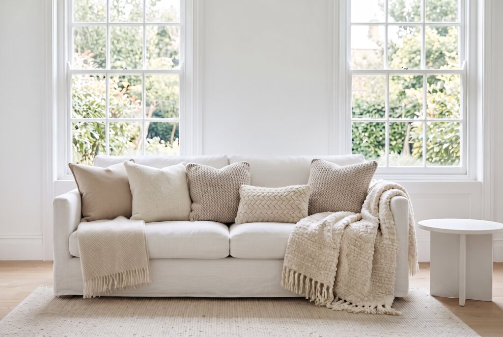 Soft-colored accent pillows and decor adding subtle contrast to a bright white living room.