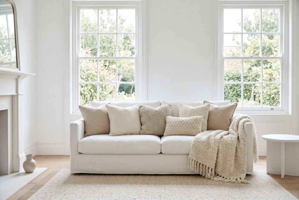 Soft-colored accent pillows and decor adding subtle contrast to a bright white living room.