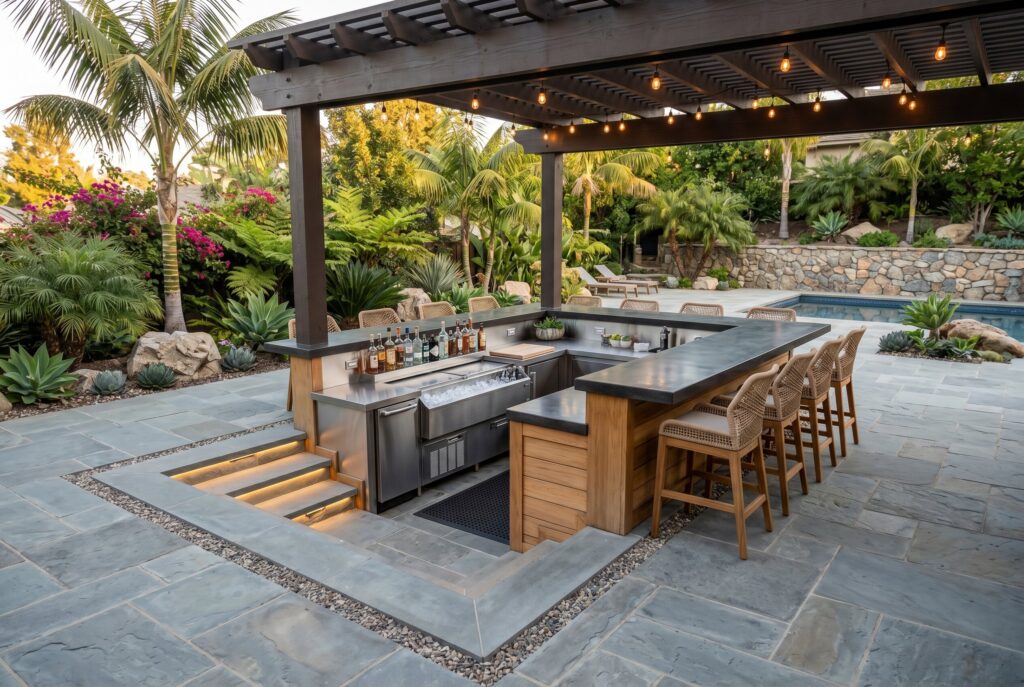 Sunken outdoor bar setup with pergola cover, bar seating, and resort inspired backyard design.