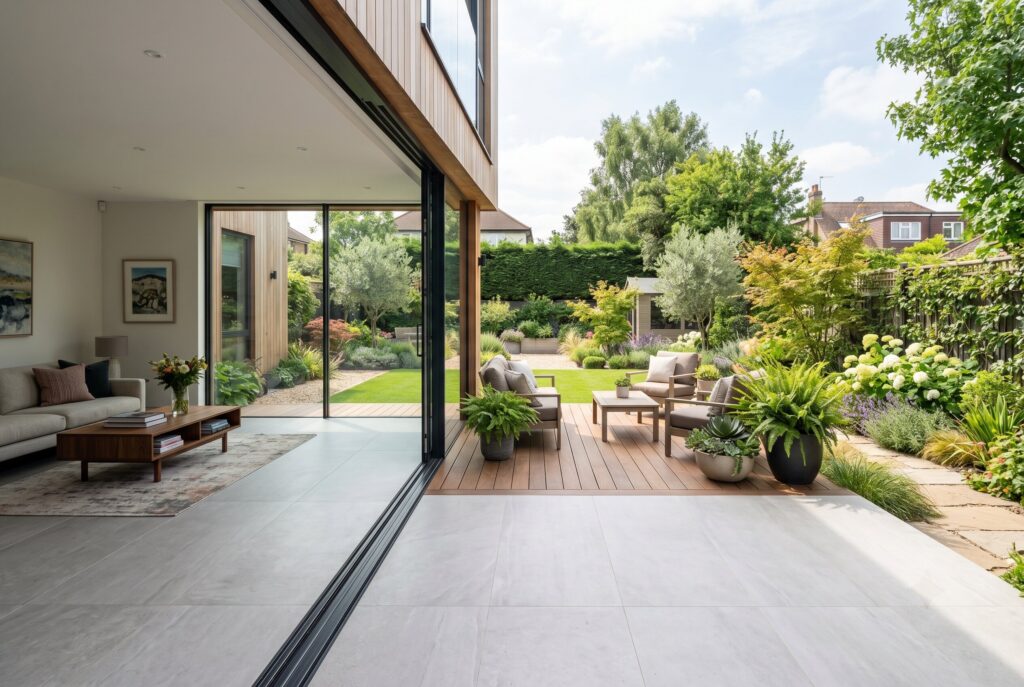 Seamless indoor outdoor living with matching flooring and modern backyard patio.