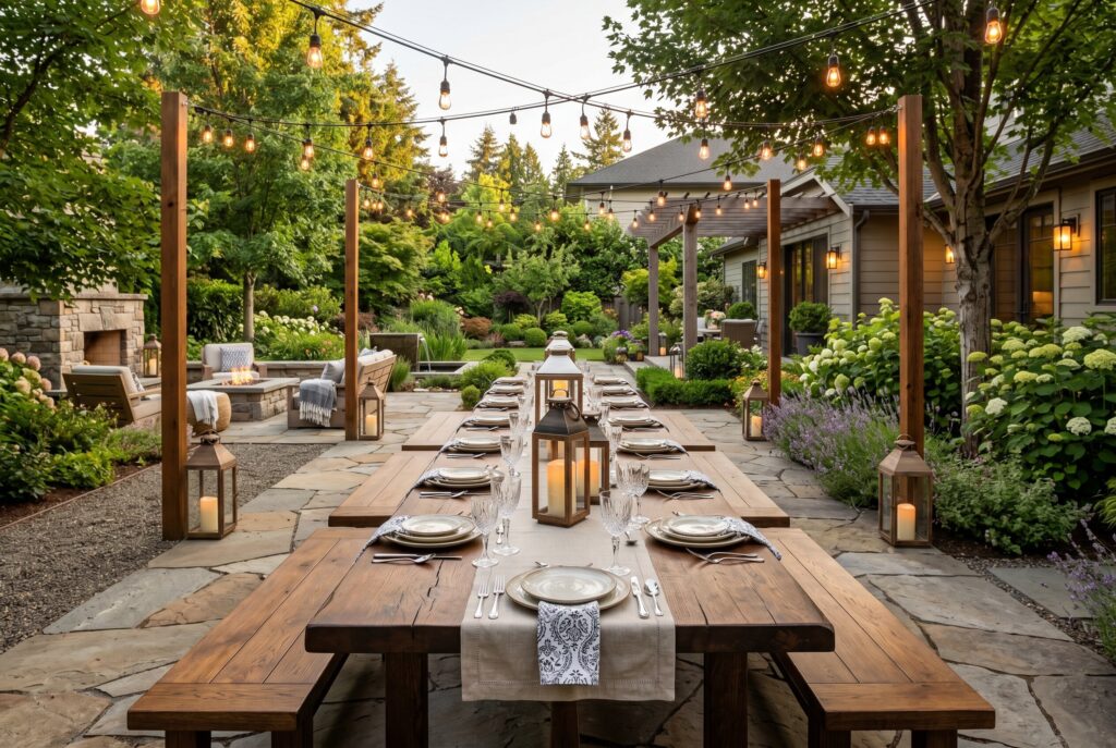 Long oak banquet table with lanterns and string lights for alfresco dining.