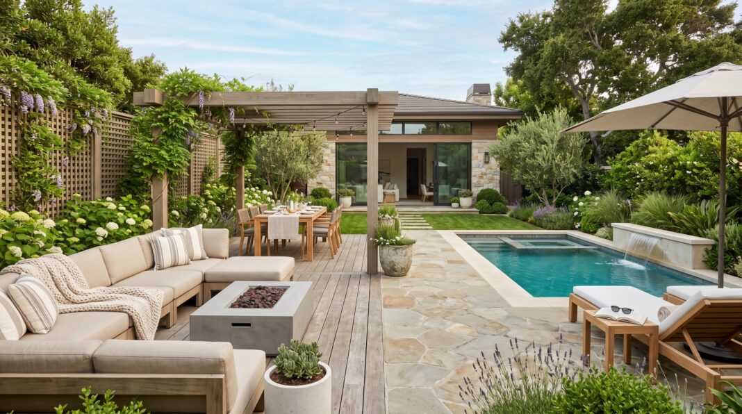 Luxury backyard patio with poolside lounge seating, stone pavers, and resort style landscaping.