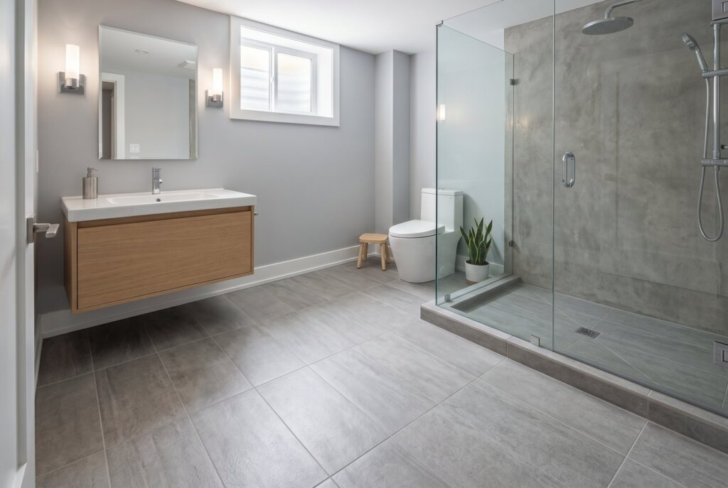 Radiant heated bathroom floor with large format tile and frameless glass shower.