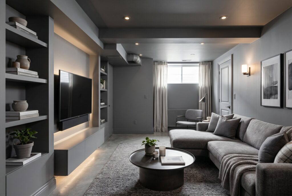 Monochromatic gray basement with integrated media wall and sectional seating.