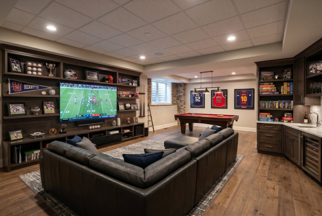 Sports themed basement man cave with large sectional, multiple screens, and game storage.