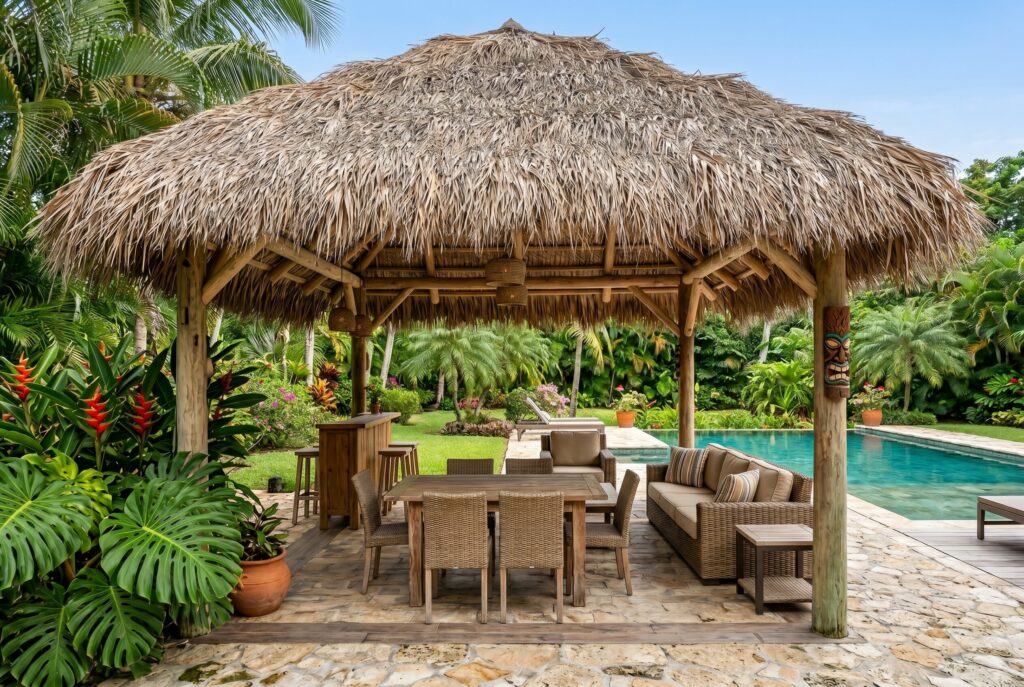 Thatched tiki roof covering poolside dining area with tropical resort inspired design. 