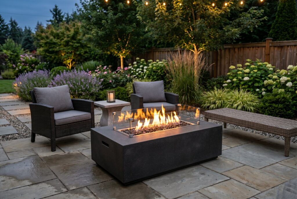 Fire pit coffee table with outdoor lounge seating and compact backyard entertaining space.