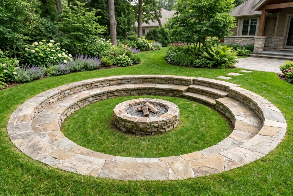 Stepped in ground fire pit ring with circular stone seating and landscaped lawn.