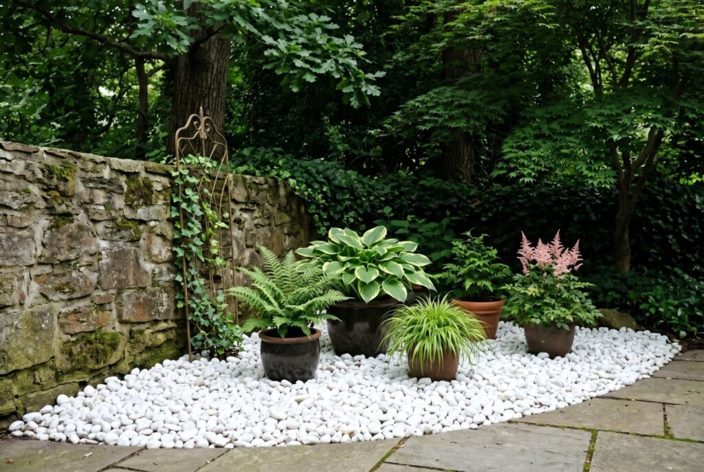 White landscaping rock brightening shaded garden corner with potted hostas and ferns. 