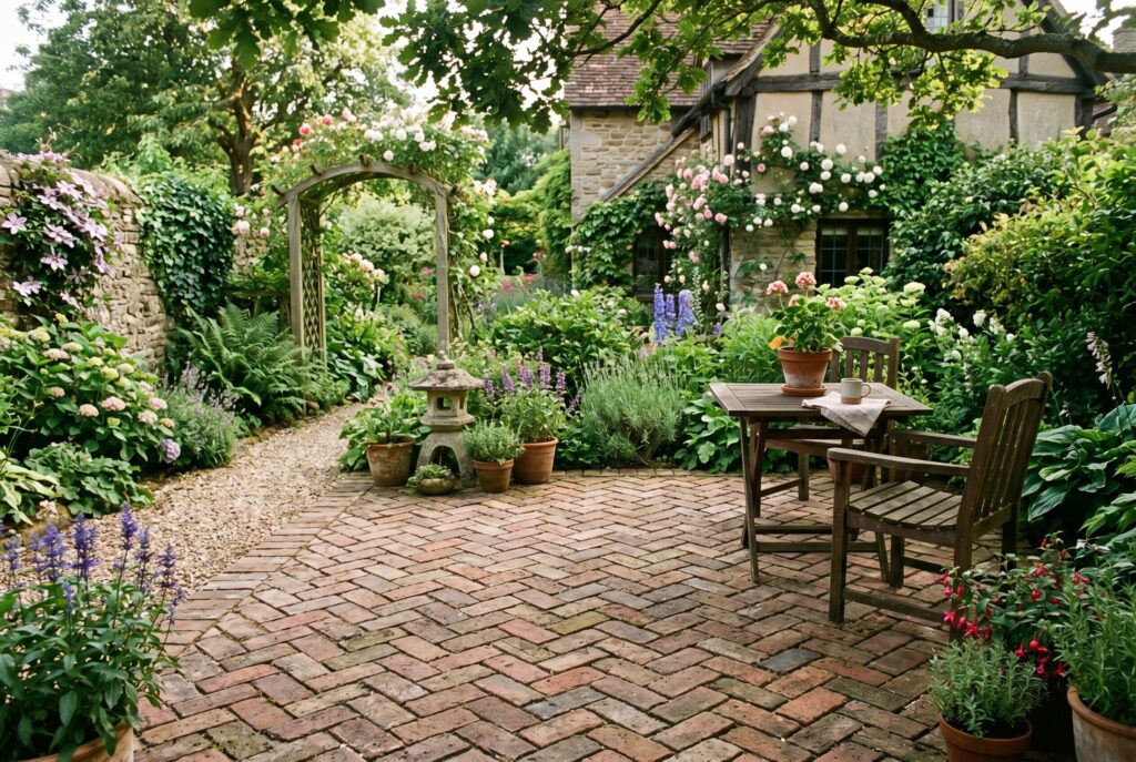 Reclaimed brick patio in herringbone pattern with cottage garden landscaping design.