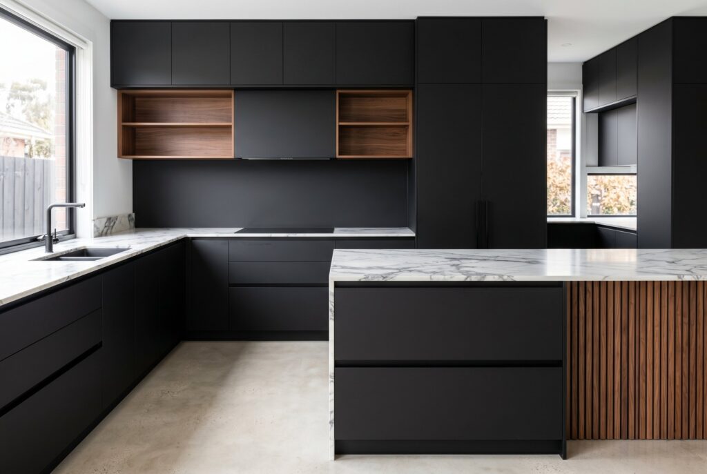 Soft black matte kitchen cabinets with handleless design, marble counters, and walnut accents. 