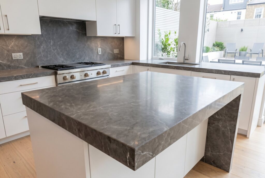 Dark porcelain countertop island with waterfall edge and matching porcelain backsplash.