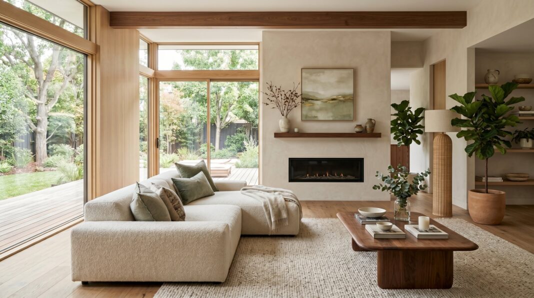 Organic modern living room with linen sectional, oak furniture, and minimalist fireplace.