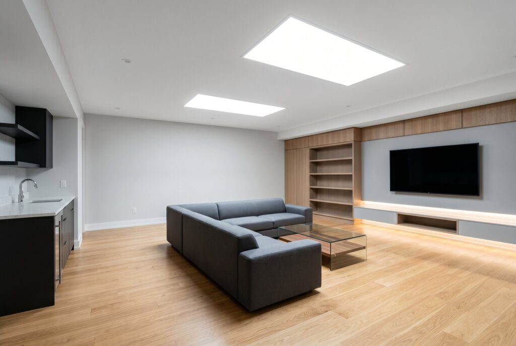 Frameless faux skylight ceiling panels brightening modern basement family room.