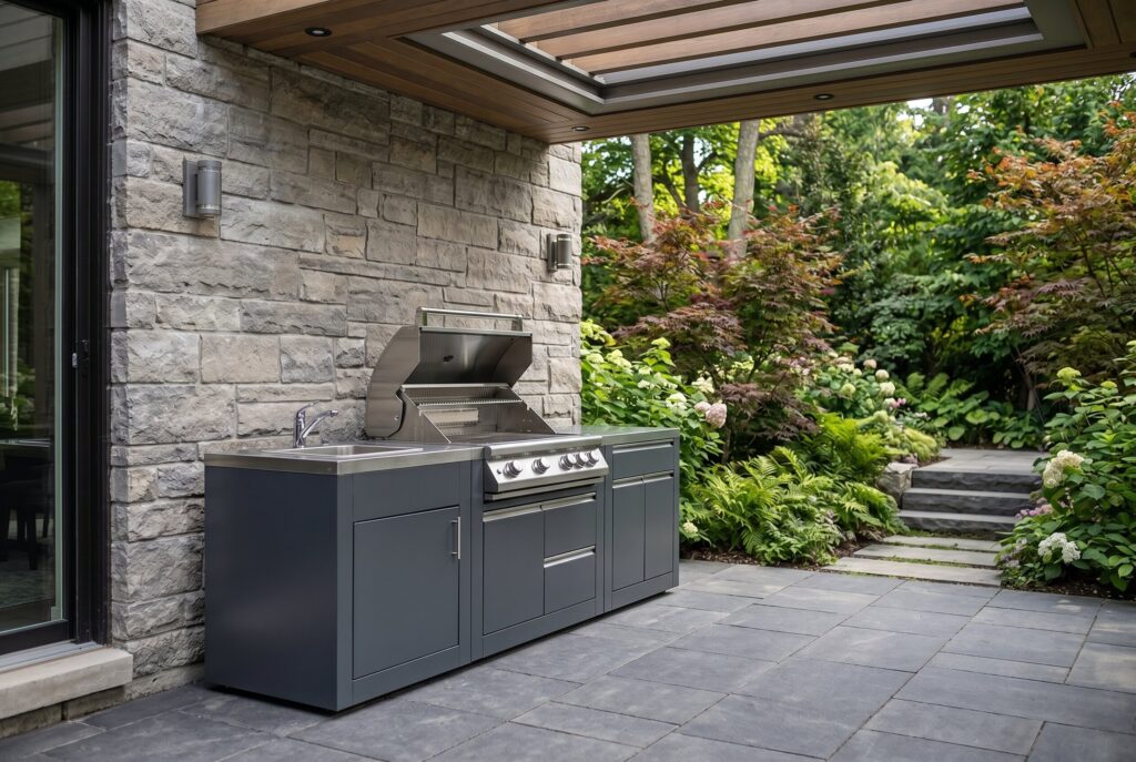 Covered outdoor grill station beneath pavilion roof with vent hood and stone cabinetry.