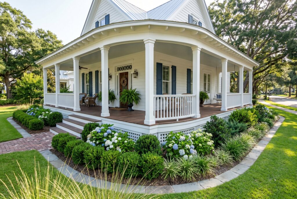 Curb appeal landscaping around wrap around porch with hydrangeas, shrubs, and garden borders. 