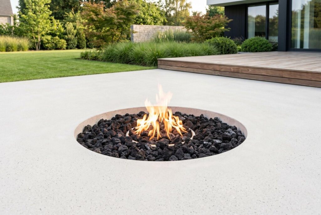 Circular in ground fire pit flush with pale concrete and black lava rock fire media.