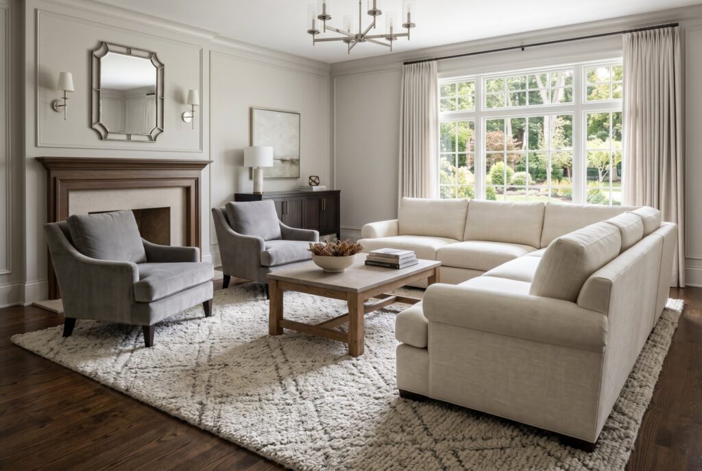 Transitional family room with sectional sofa, traditional rug, and contemporary accents.