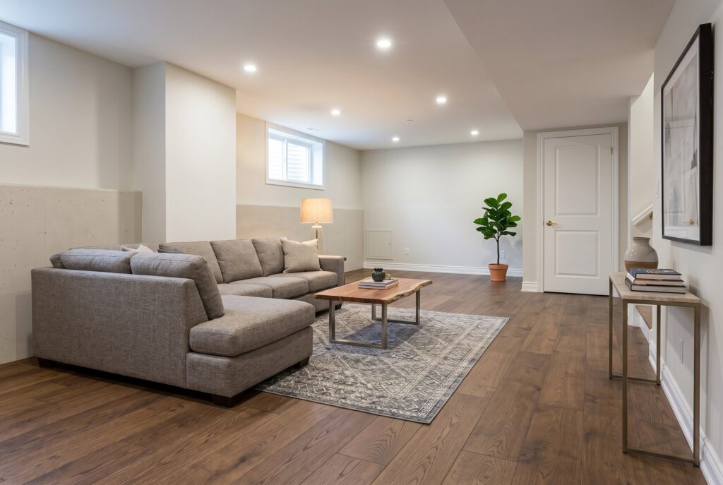 Laminate flooring in finished basement with sectional sofa and neutral modern decor.