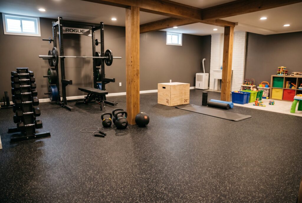Basement gym with rubber flooring, weight rack, and adjacent children's play area.