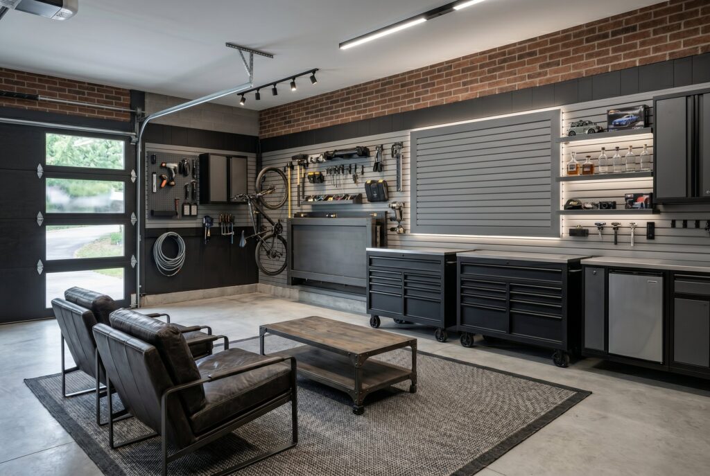 A fold-away garage lounge featuring dark metal rolling tool cabinets, a wall-mounted bicycle, and a seating area with two leather chairs facing a coffee table on a rug.