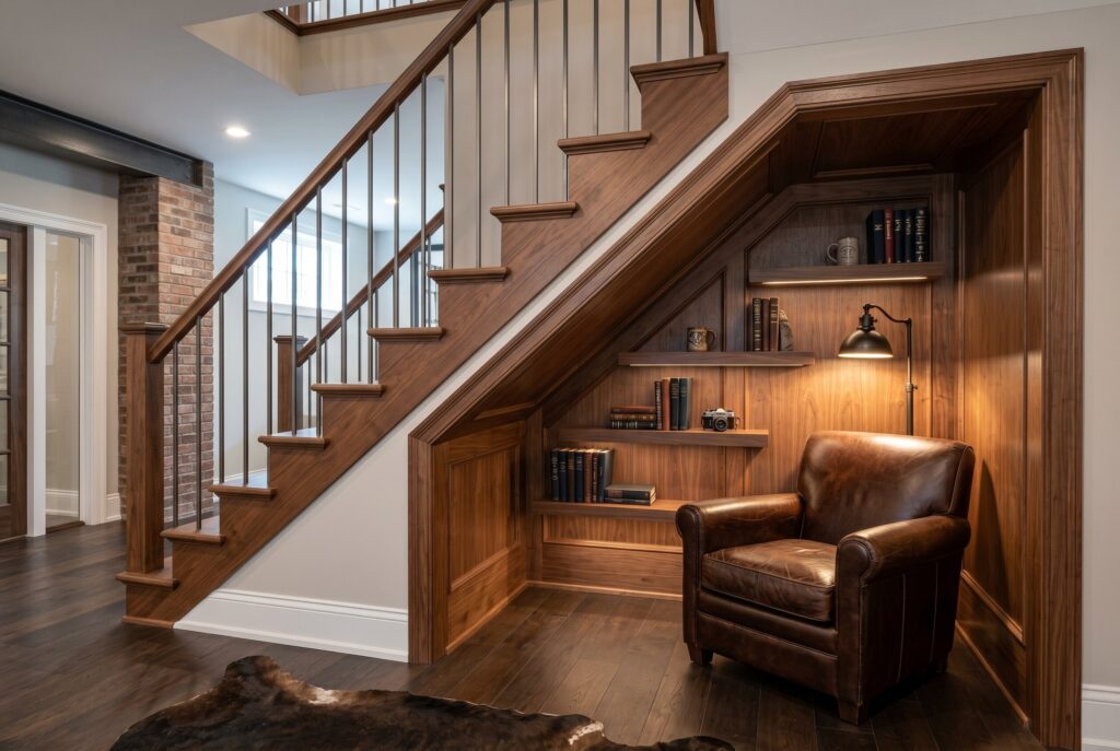 A compact under-stair hideaway with a brown leather lounge chair, built-in walnut shelves filled with books, and a warm reading lamp.