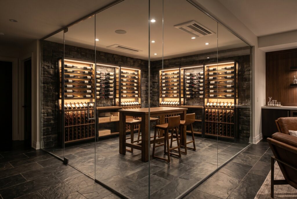 A hidden speakeasy revealed behind an open hinged bookcase door, showing a compact bar with smoked glass shelves and dim amber lighting.