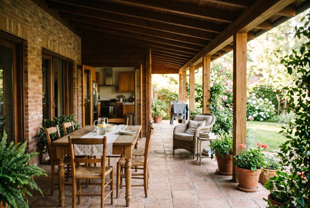 Shaded loggia with a sloped wooden roof, timber posts, terracotta-paved dining area, and adjacent green lawn.