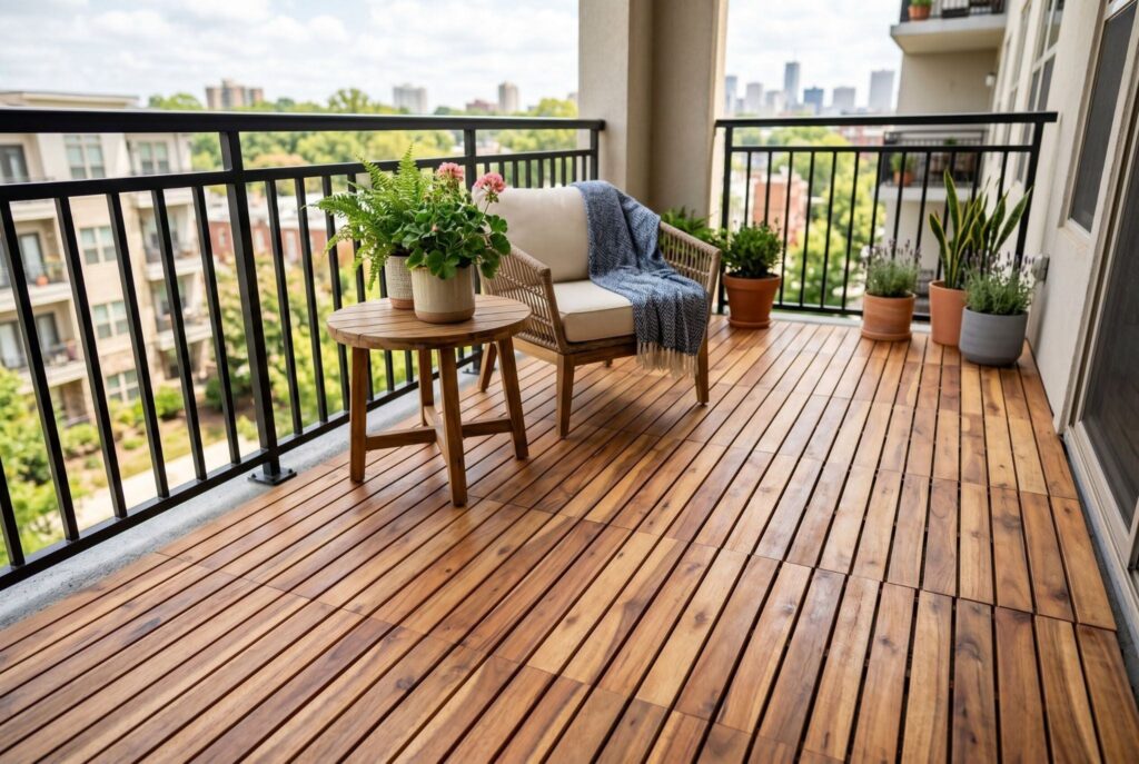 Interlocking acacia wood decking on apartment balcony with lounge chair and potted plants. 