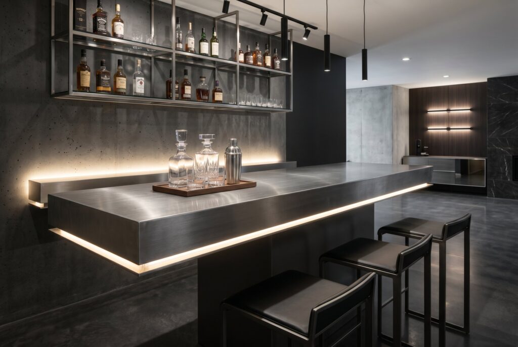 Floating metal basement bar with underlit countertop and modern shelving.