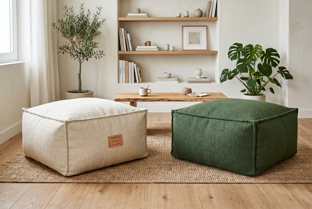 Oversized floor poufs in neutral and sage green fabric on woven jute rug.