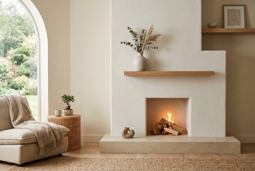 A minimalist fireplace with a smooth plaster finish and a simple wood mantel serving as a calm focal point in a warm-toned living room.