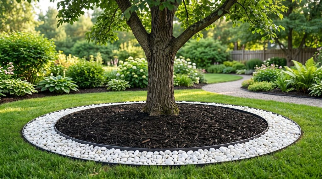 Dark mulch tree ring surrounded by white landscaping rock border and lawn. 