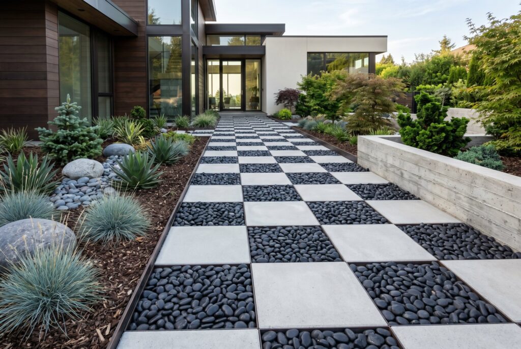 Checkerboard pavers with black pebbles creating modern geometric garden pathway.