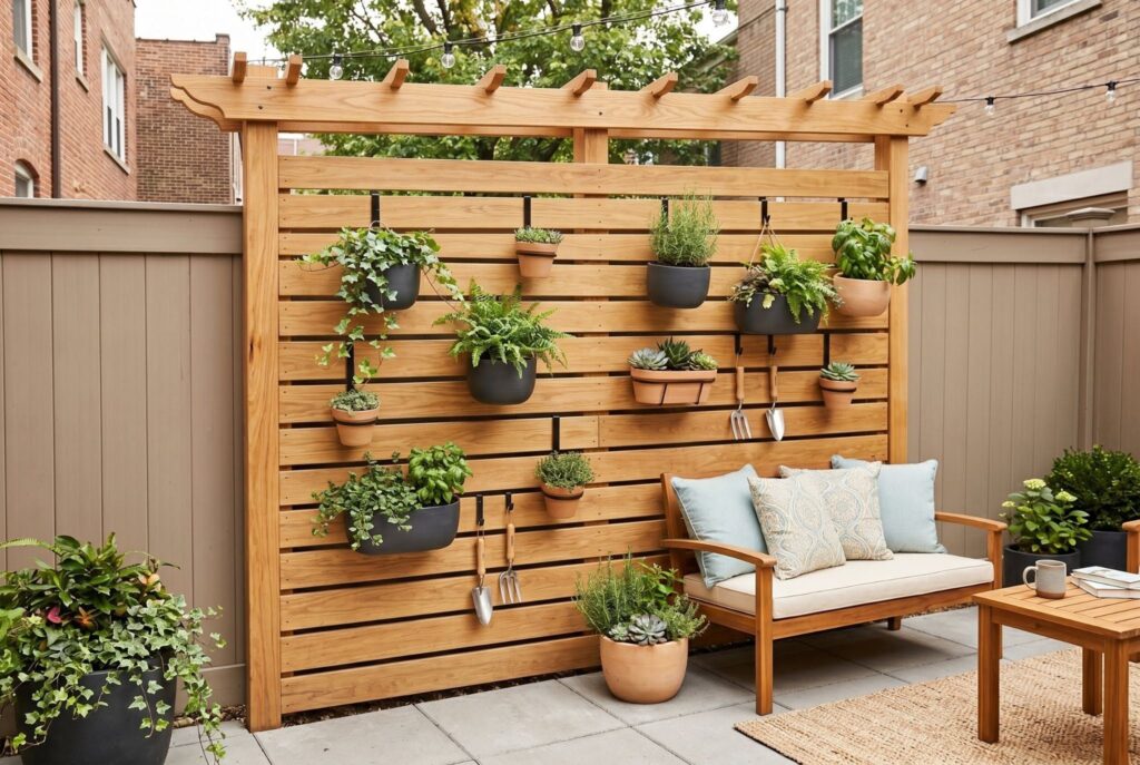 Wood slat wall with hanging planters behind modern outdoor bench seating. 