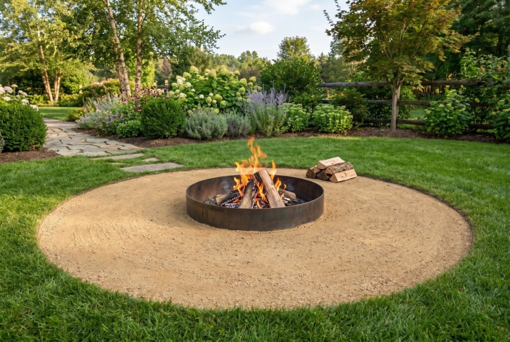 Decomposed granite fire pit circle with flush steel liner and natural landscape.