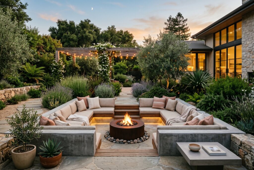 Sunken conversation pit with fire pit, built in seating, and luxury backyard landscaping.