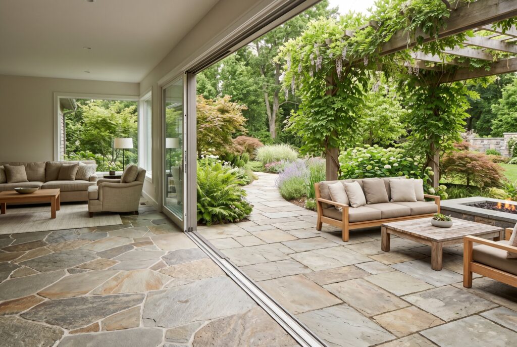 Continuous flagstone flooring connecting indoor living space to outdoor patio seating area.