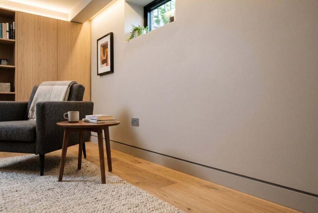 Flush mount baseboards with shadow gap detail in modern basement reading nook.