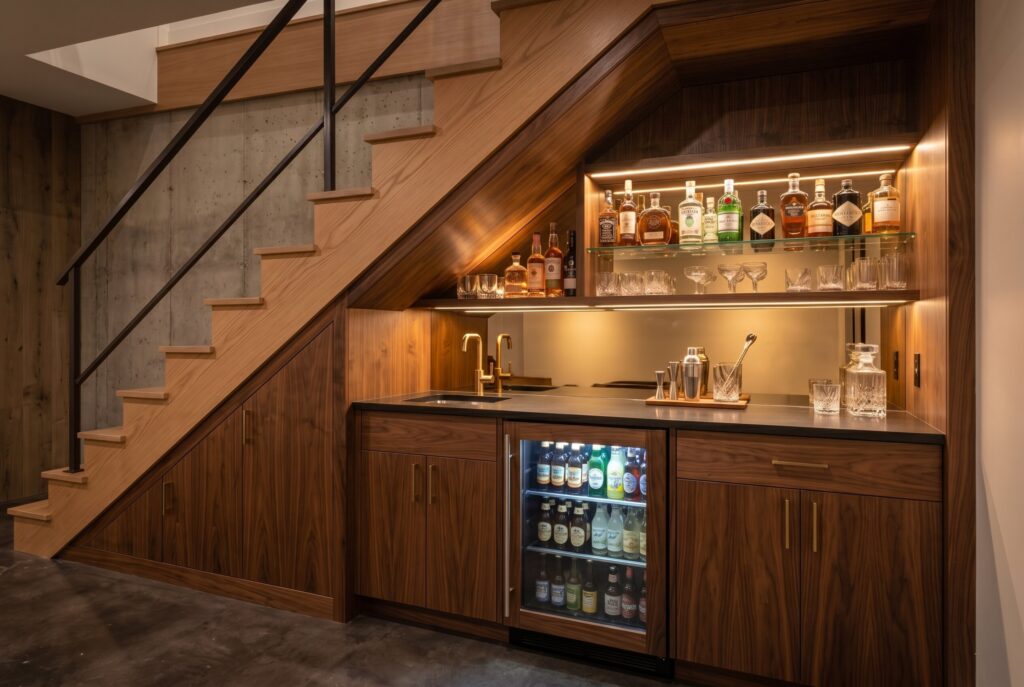 Under stair basement bar with walnut cabinets, beverage fridge, and warm shelf lighting. 