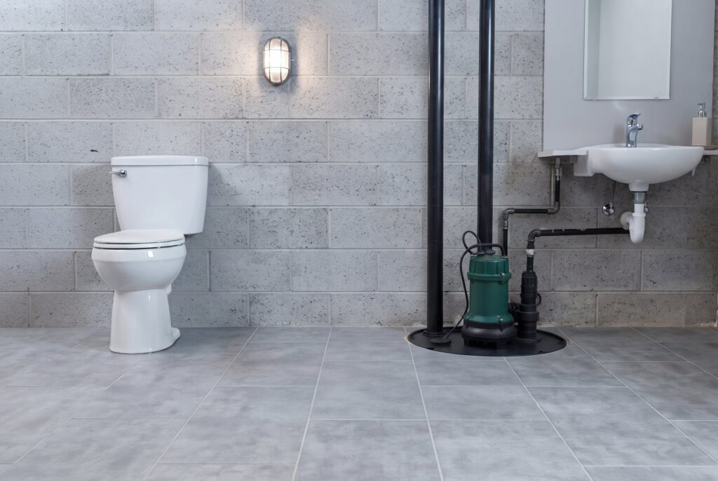 Sewage ejector pump installed in basement plumbing pit below floor level.
