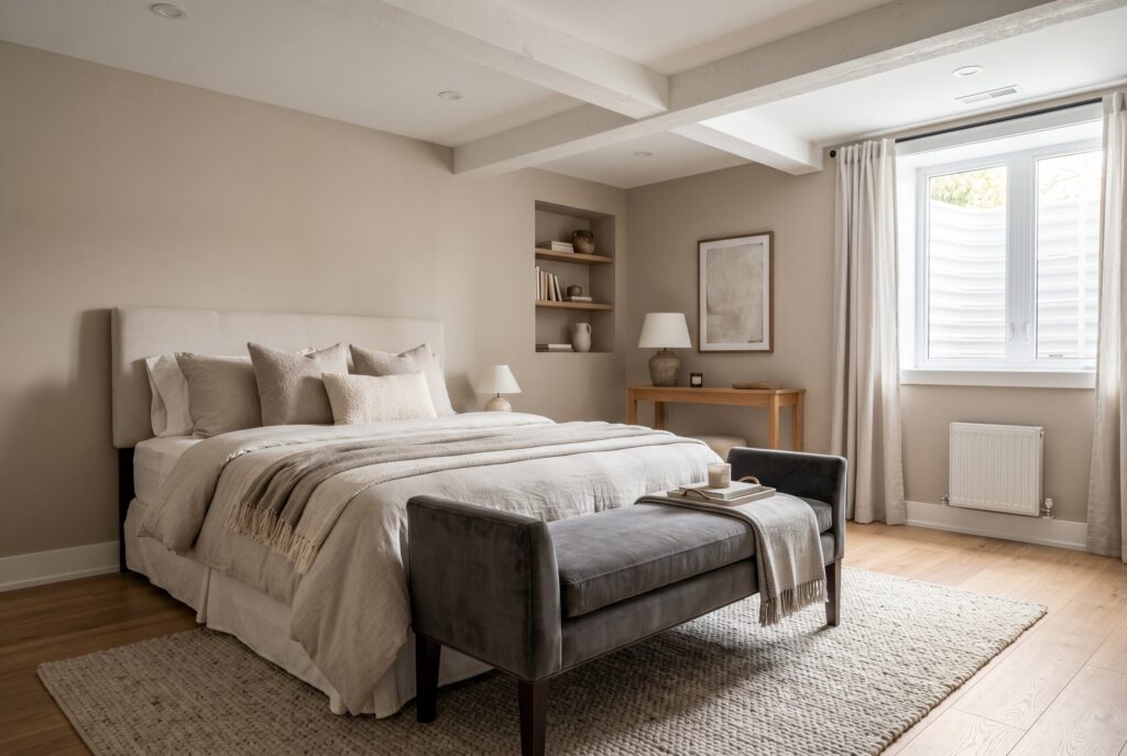 Long upholstered bench at foot of bed in elegant basement guest room design.