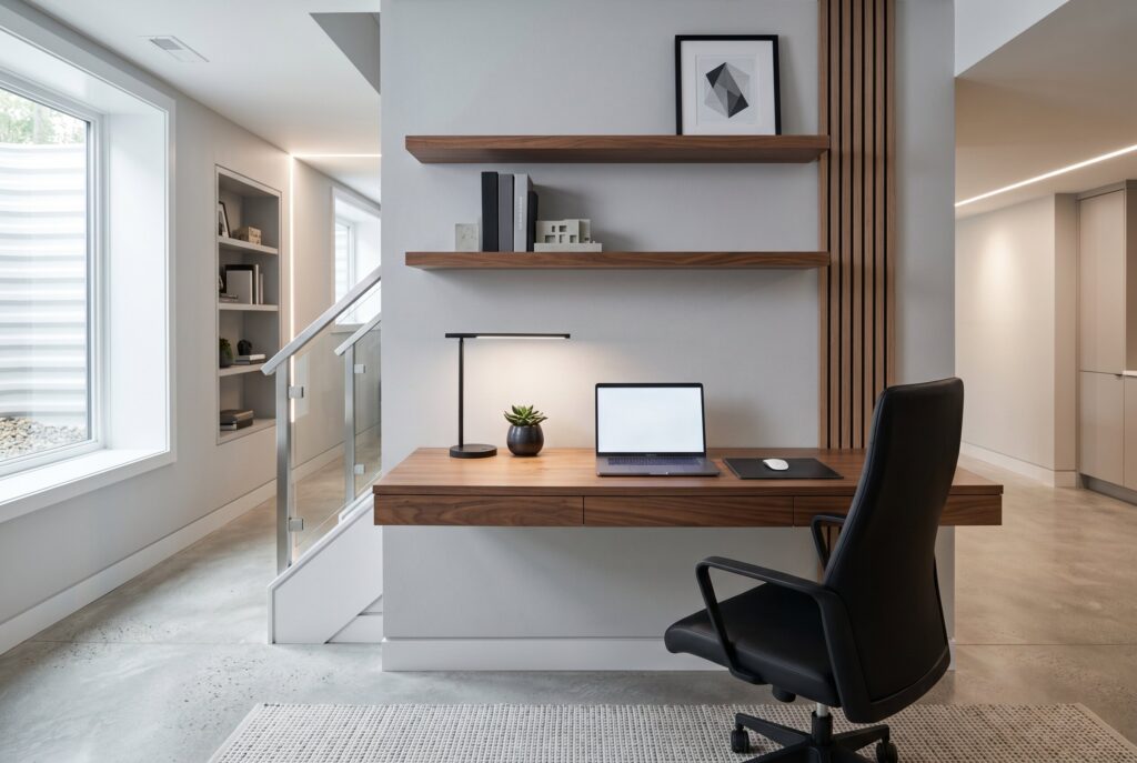 Floating walnut desk home office integrated into modern basement layout.