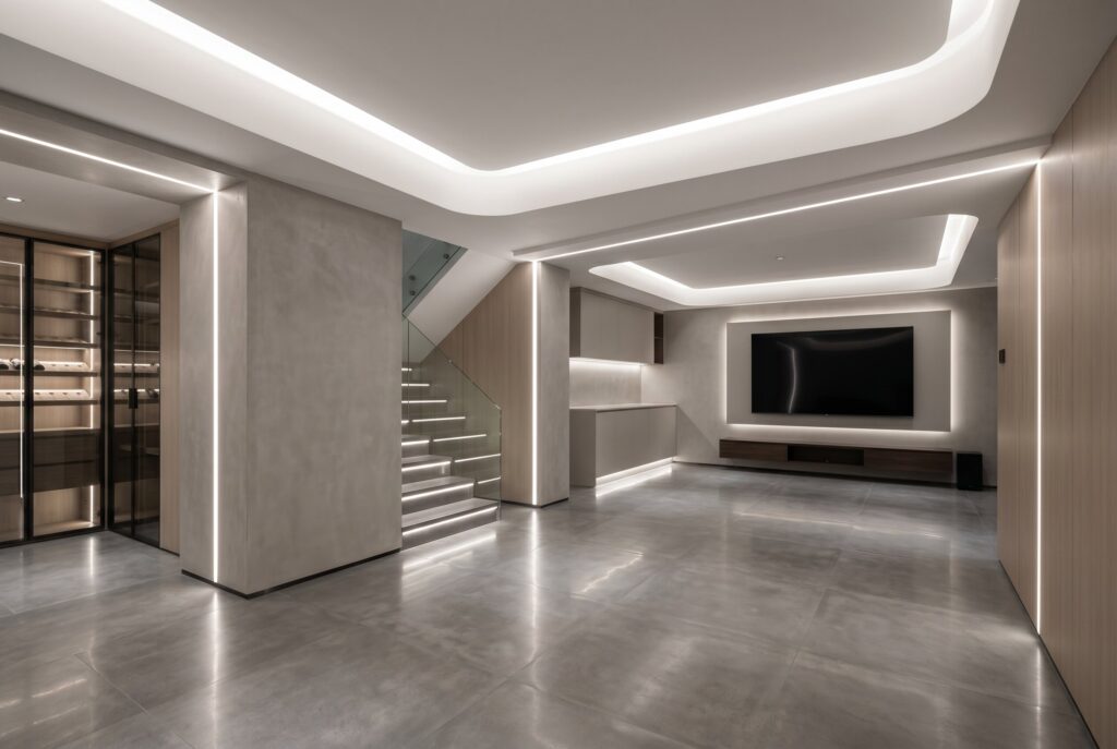Integrated linear LED ceiling lighting in ultra modern basement entertainment space.