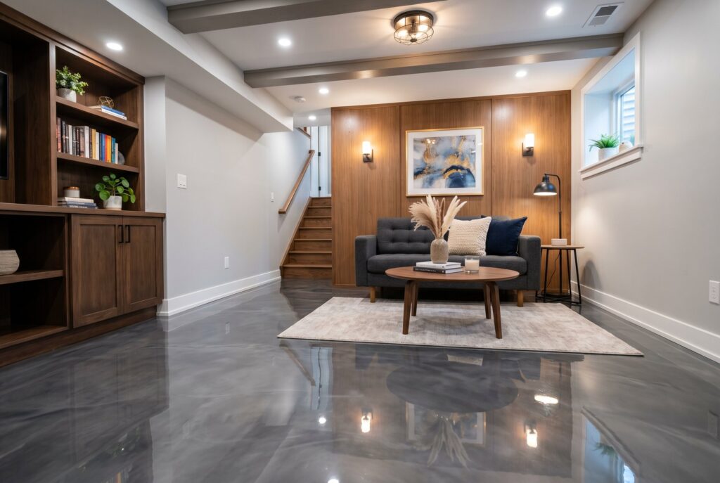 High gloss epoxy basement flooring with reflective finish and modern seating area.