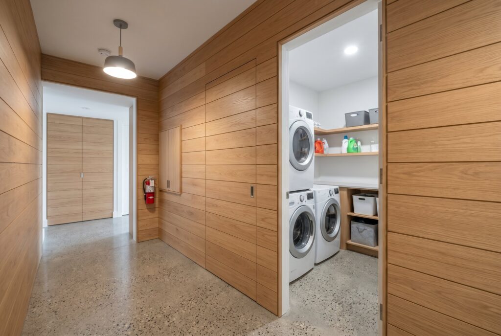 Hidden utility room concealed behind flush wood panel doors in basement.